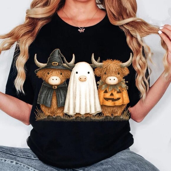 Tops - Retro Halloween Highland Cow Tee, Moo I Mean Boo Tee